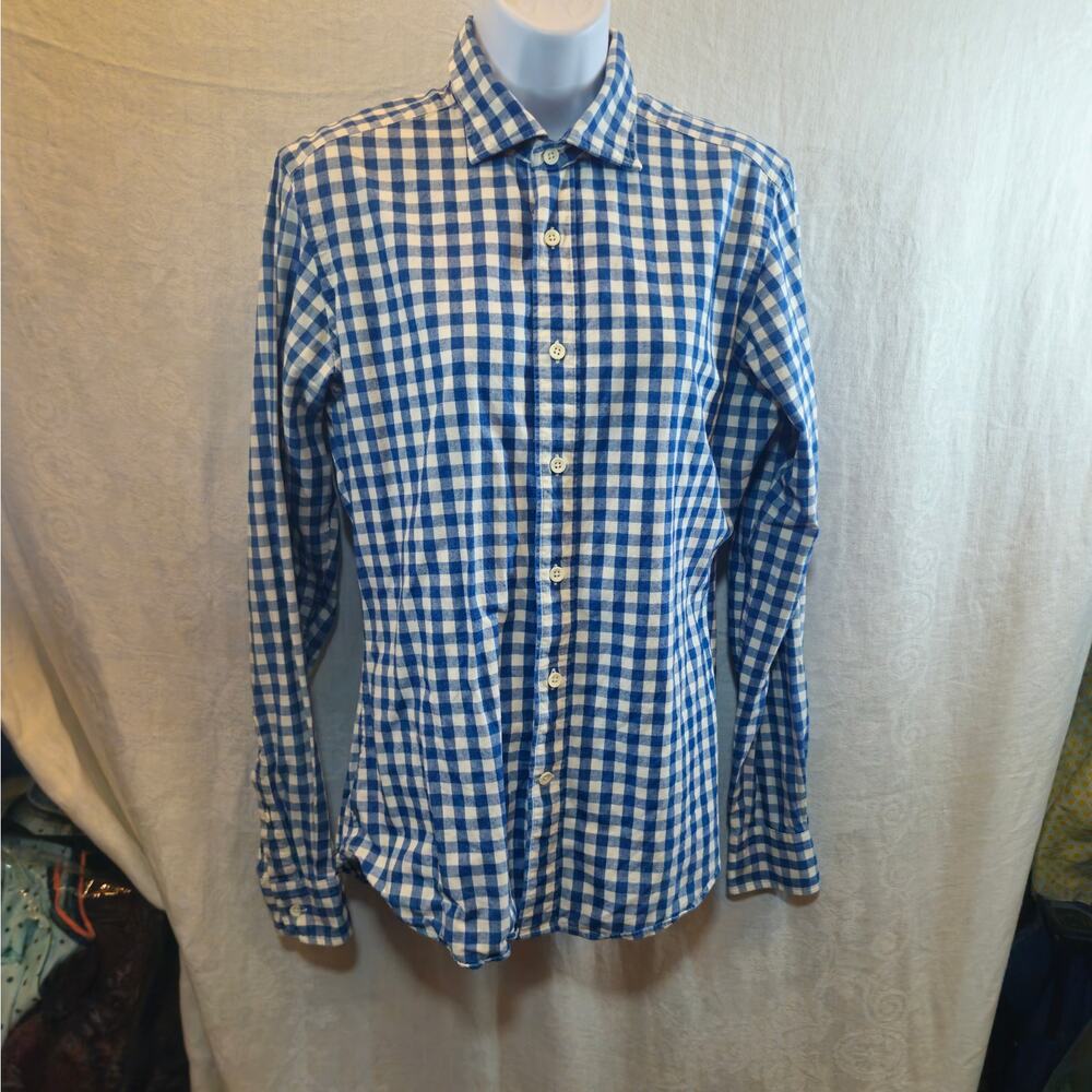 Trumaker Mens Sz Medium Gingham Check Button Up Shirt Cotton Long Sleeve